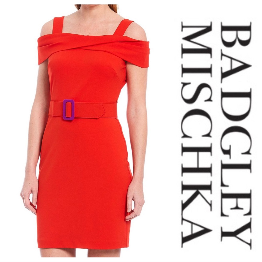 🌅 NWT! Badgley Mischka Off-Shoulder Belted Dress